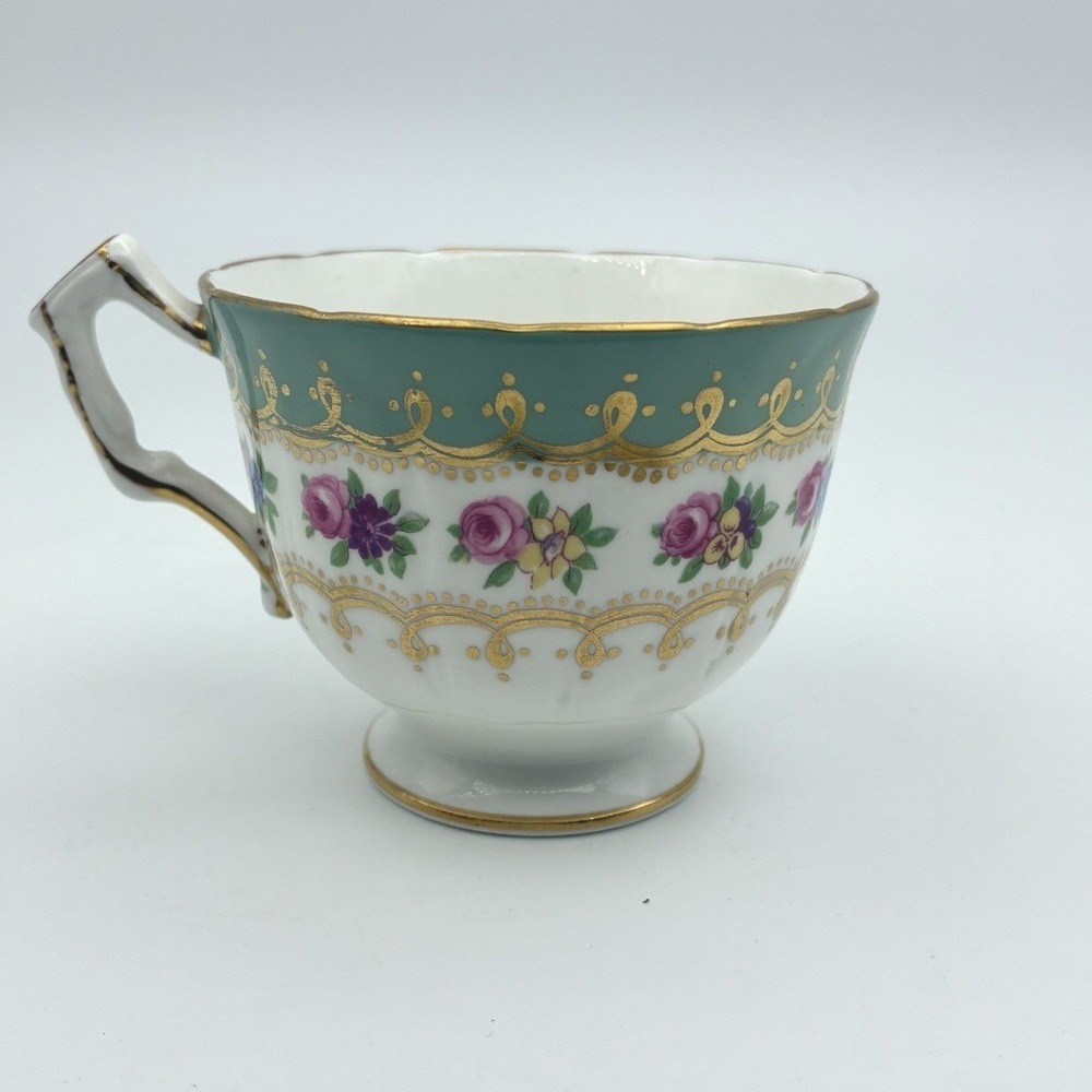 Aynsley England Bone China Teacup Teal Green Gold Gilt Floral Pattern 7742